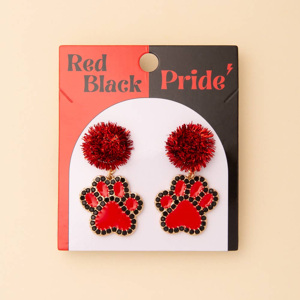 Dawg Paw Earrings with Pom | Red Black
