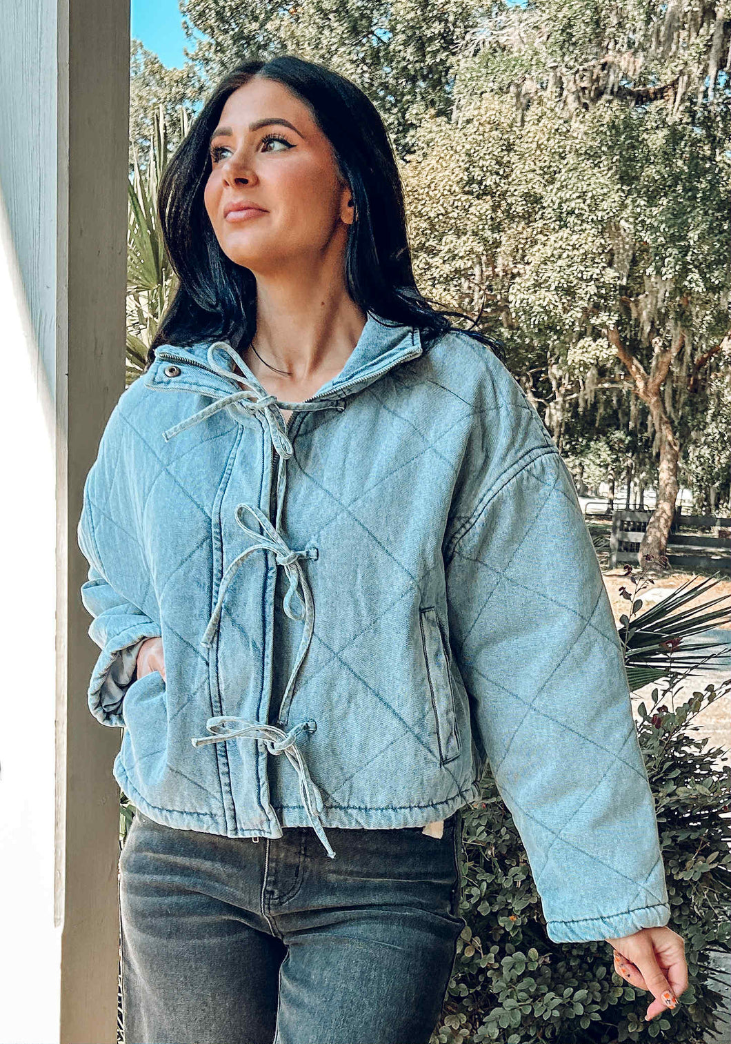 Washed Quilted Tie Jacket | Lt. Denim