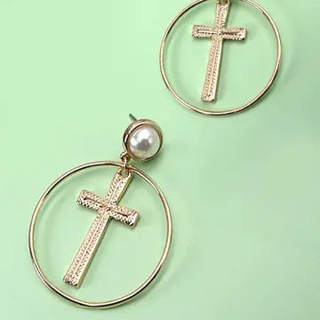 Round Cross Pearl Earrings