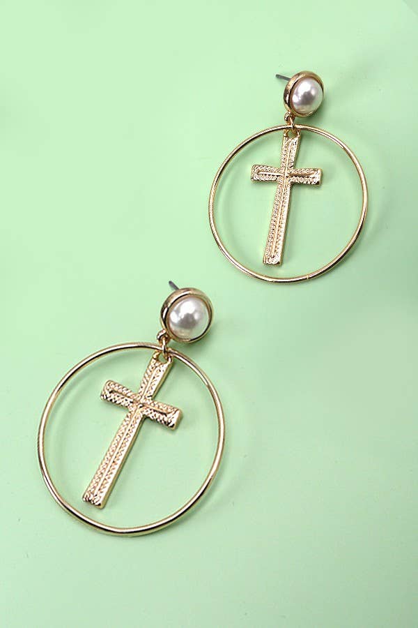 Round Cross Pearl Earring