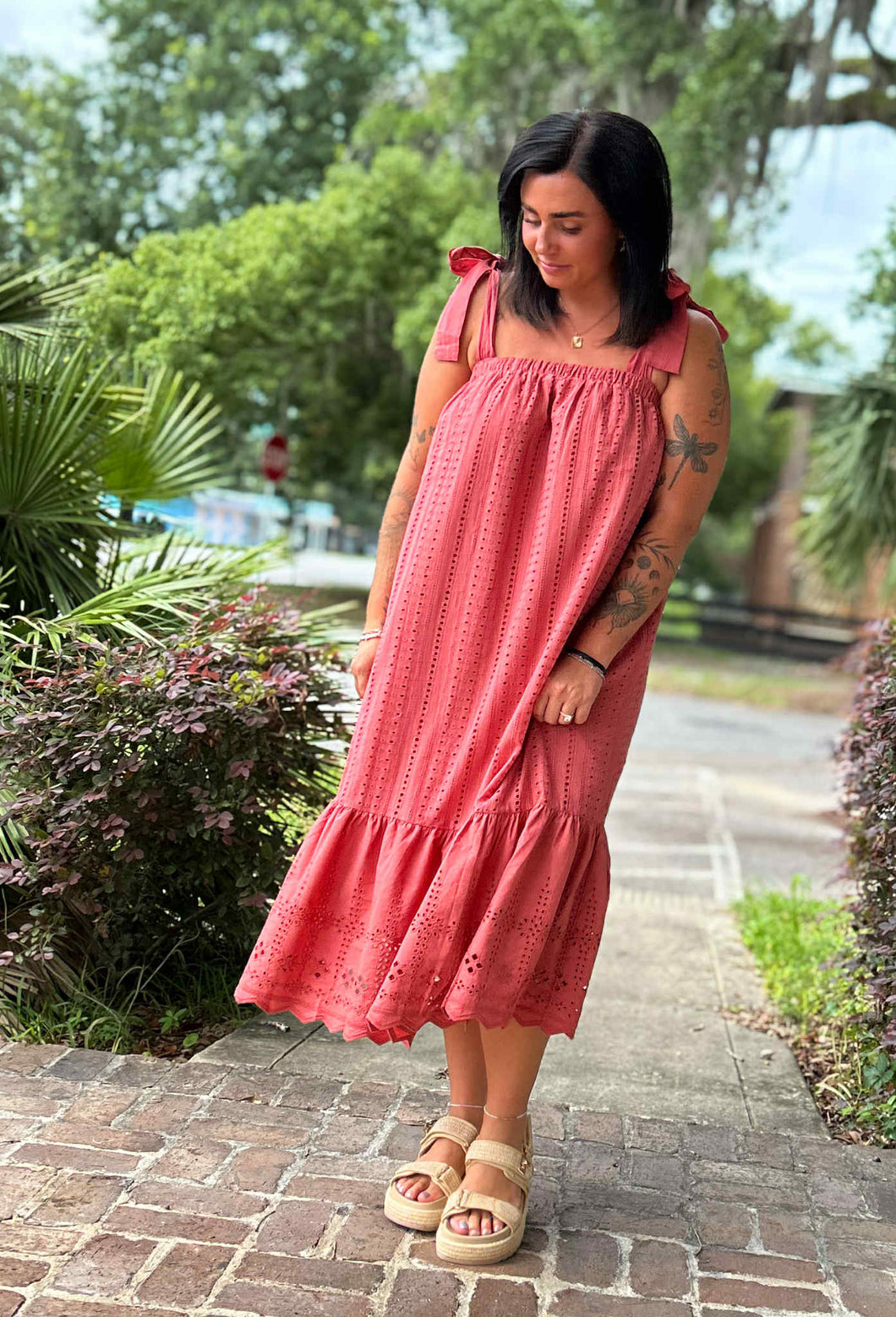 Sunset Eyelet Midi Dress | Terracotta