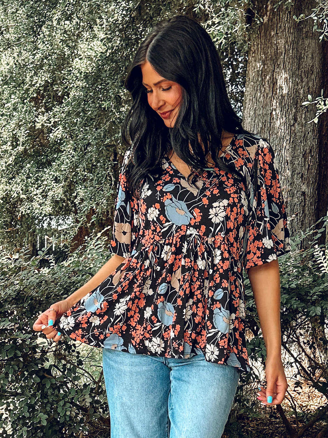 Wonder Babydoll Floral Top | Black