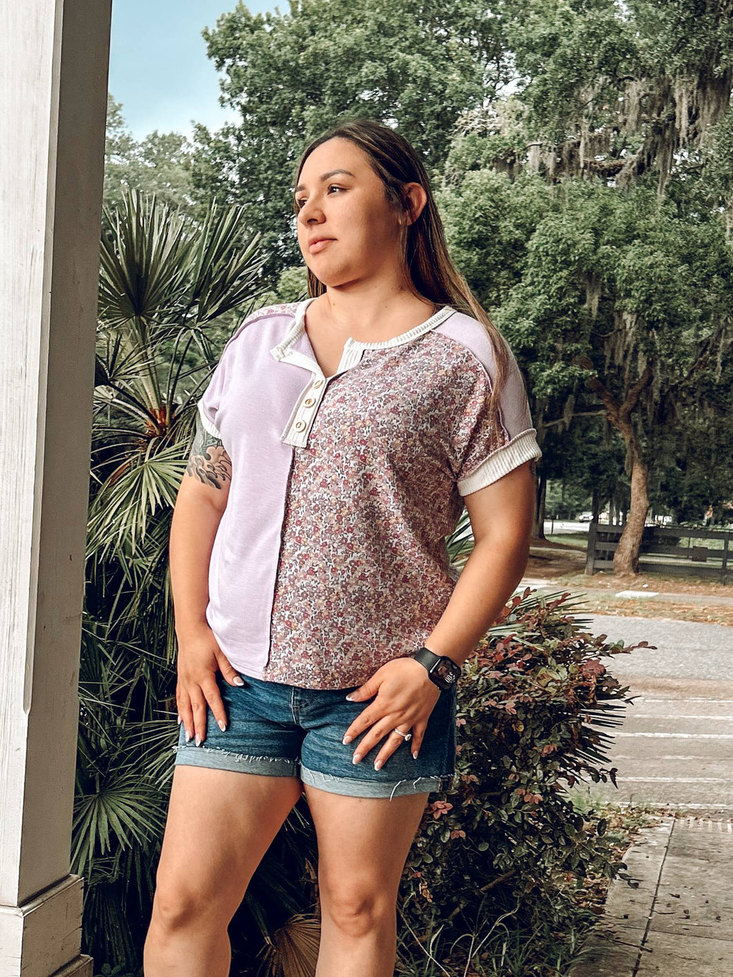 Girlie Floral Colorblock Top | Lilac