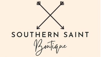 nude color graphic logo that has cross arrows and says southern saint boutique 