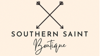 nude color graphic logo that has cross arrows and says southern saint boutique