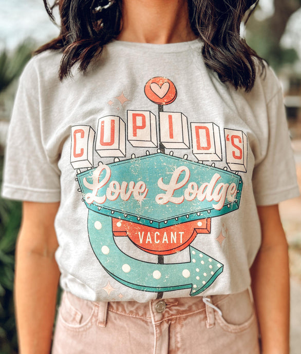 picture 1 close up of Cupids Love Lodge Tee | Light Grey