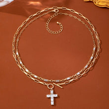 Layered Paperclip Chain Cross Necklace