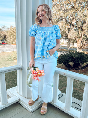 Gingham Floral Embroidered Top | Blue