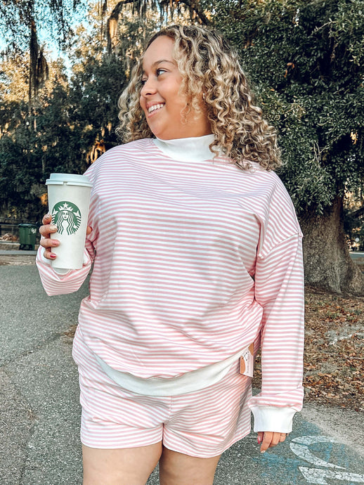 Girly Striped Mock Sweatshirt Set | Pink