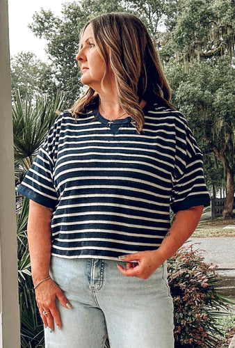 Oversize Knit Striped Top | Navy