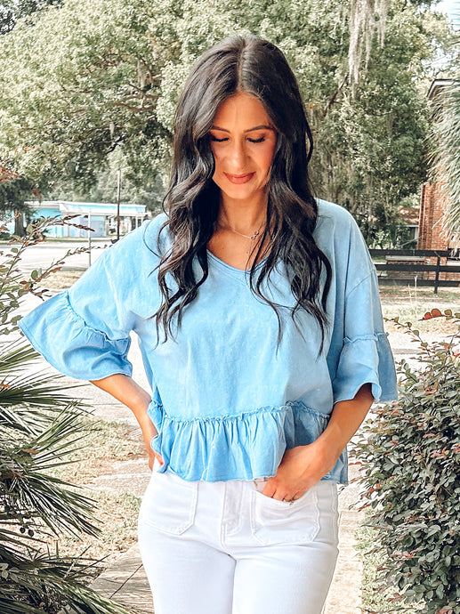 Mineral Wash Ruffle Top | Blue