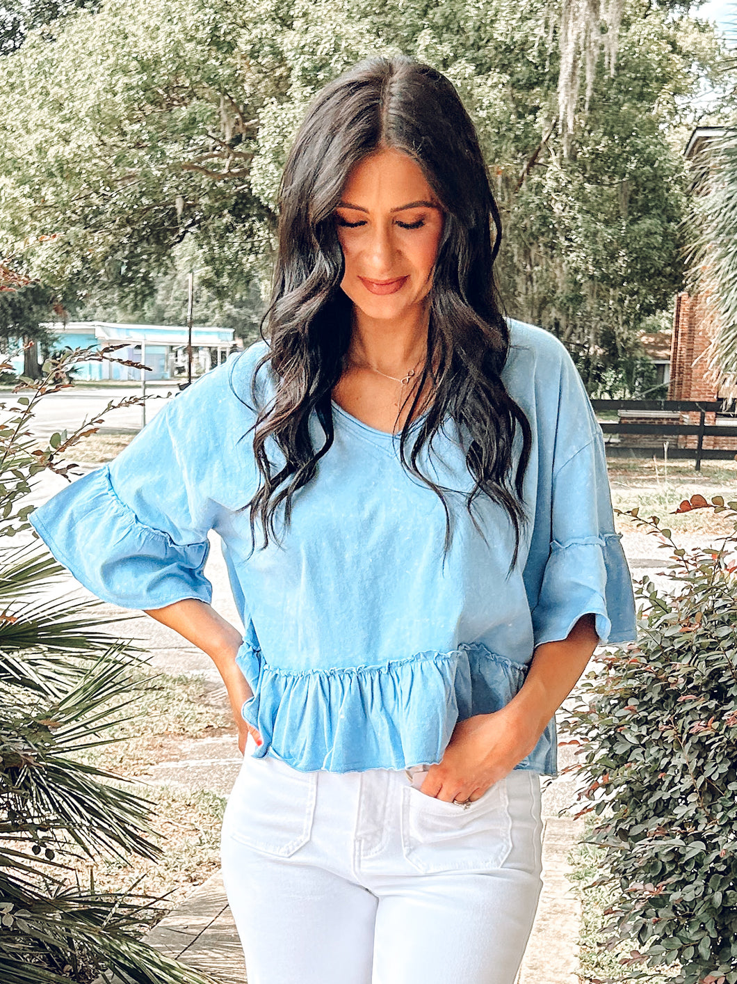 Mineral Wash Ruffle Top | Blue