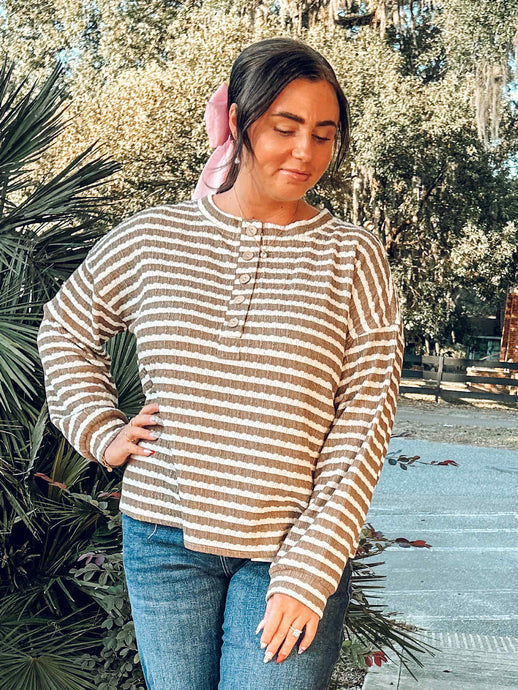 Striped Textured Henley Top | Taupe