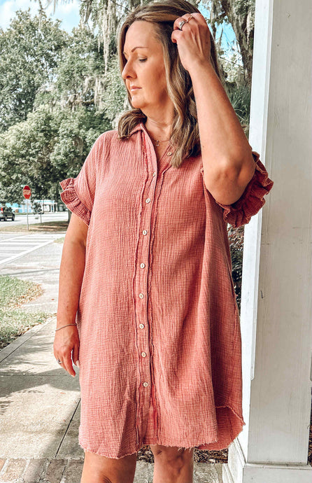 Mineral Wash Gauze Dress | Brick