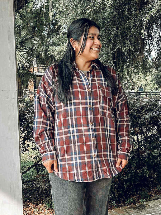 Plaid Button Curvy Down | Burgundy