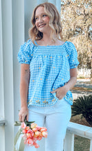 Gingham Floral Embroidered Top | Blue