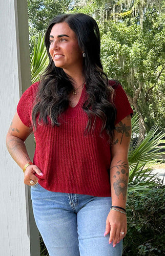 Split Neck Knit Top | Burgundy