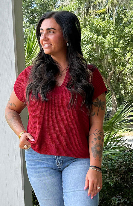 Split Neck Knit Top | Burgundy