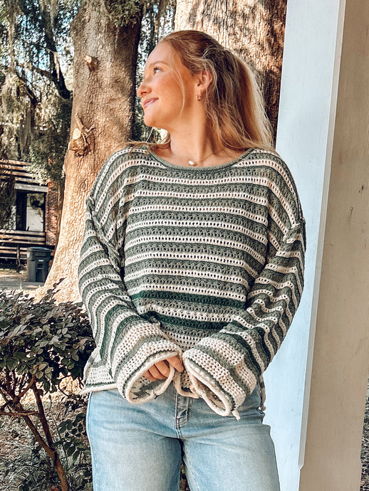 Striped Crochet Knit Sweater | Pine