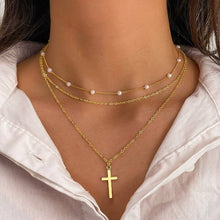 Cross Pearl Layered Necklace | Gold