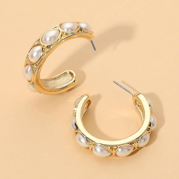 Oval Pearl Accent Chunky Hoop Earrings | Cream