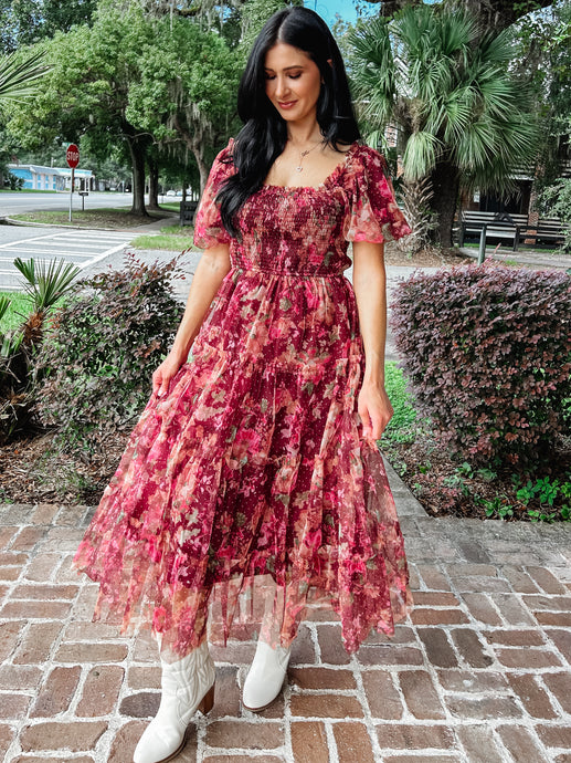 Floral Polka Dot Tulle Midi Dress | Burgundy
