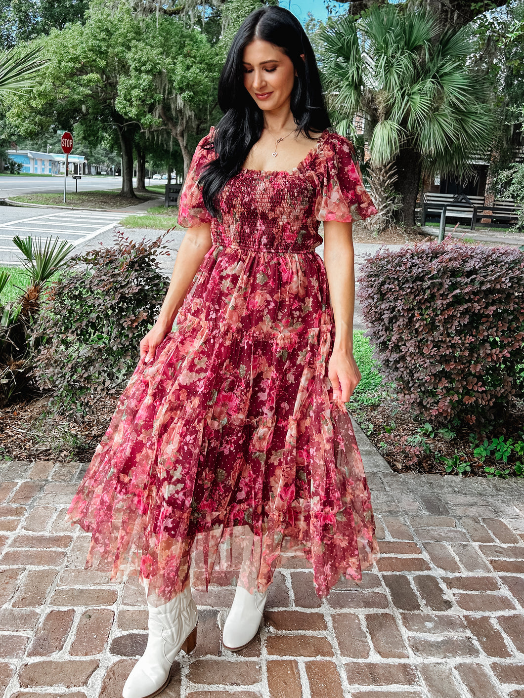Floral Polka Dot Tulle Midi Dress | Burgundy