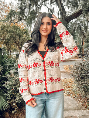 Pretty Floral Cardigan | Red Cream