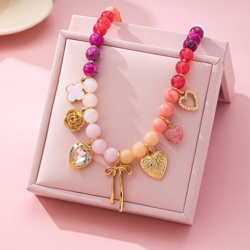 Pastel Beaded Bow Charm Necklace | Gold