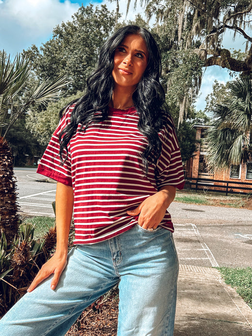 Relaxed Fit Striped Top | Burgundy
