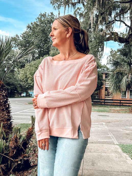 Boat Neck Waffle Knit Top | Blush