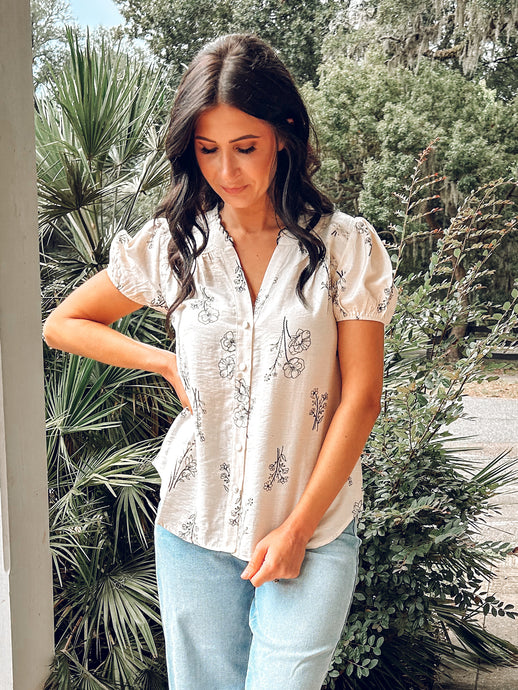 Floral Linen Top | Cream/Black