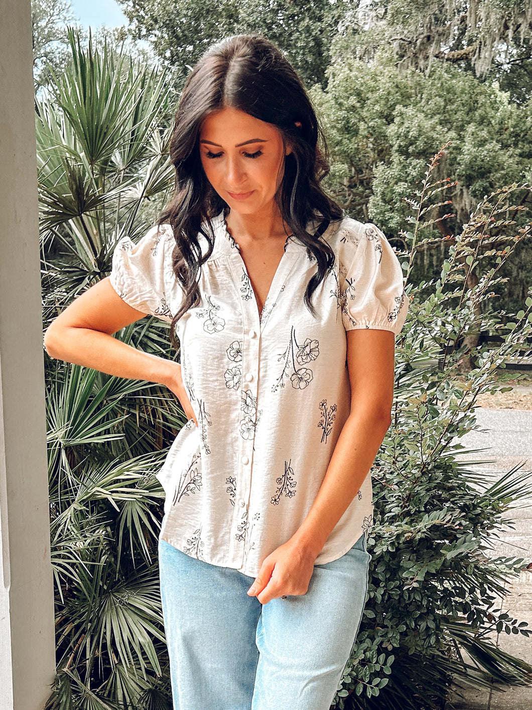 Floral Linen Top | Cream/Black