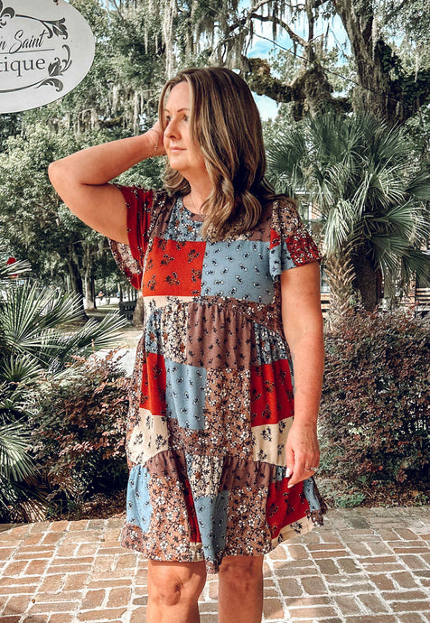 Patchwork Floral Babydoll Dress | Rust