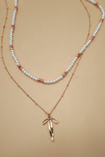 DOUBLE LAYER PEARL GOLD CHAIN BOW CHARM NECKLACE | 80N91473: Gold