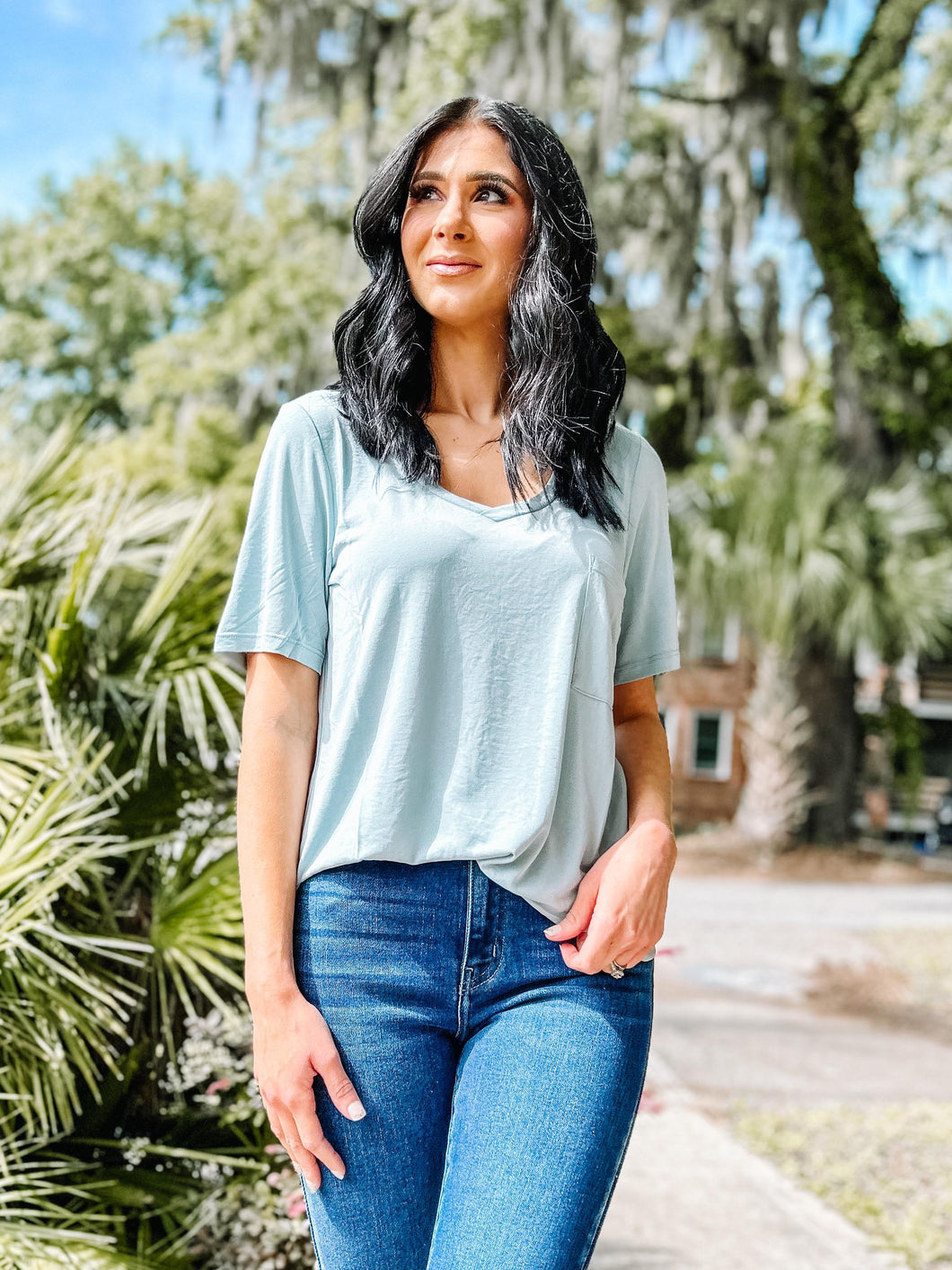 picture 1 woman in Solid Basic Pocket Tee | Sky Blue