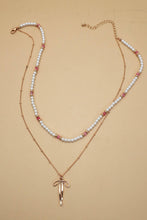 DOUBLE LAYER PEARL GOLD CHAIN BOW CHARM NECKLACE | 80N91473: Gold