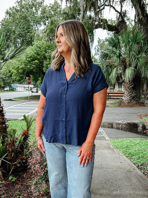 Textured Button Front Top | Navy