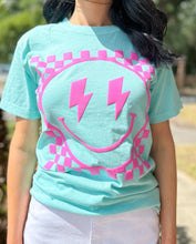 picture 3 close up front of Smiley Comfort Tee | Turquoise