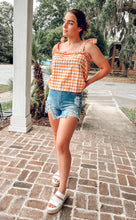 picture 2 woman in Slice Gingham Tank | Orange with jean shorts 
