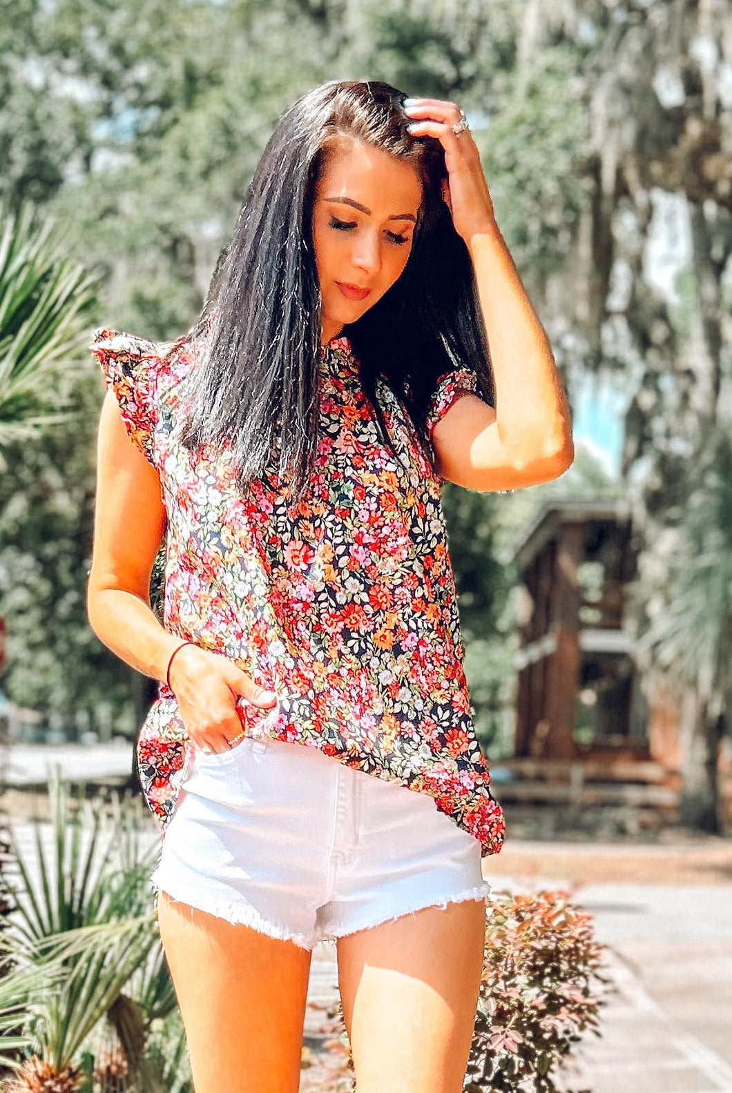 picture 1 woman in Sweet Floral Top | Navy