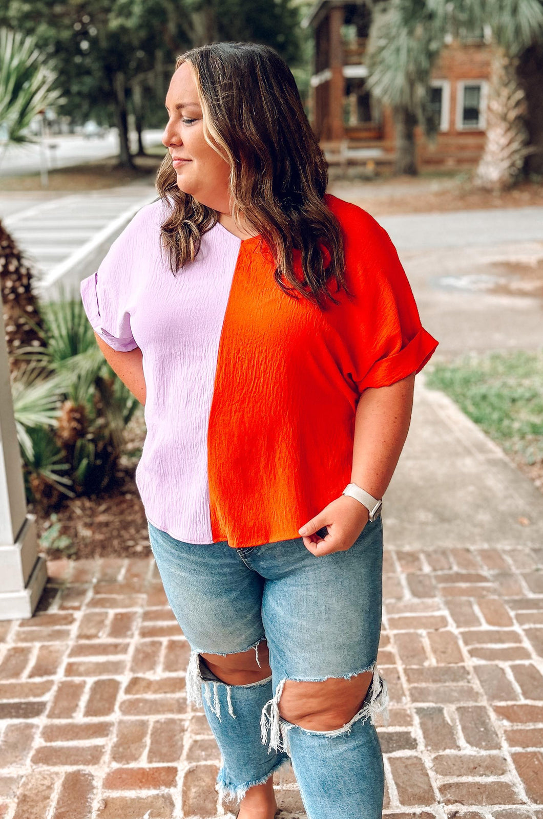 picture 1 woman in One Day Curvy Top | Lilac/Orange