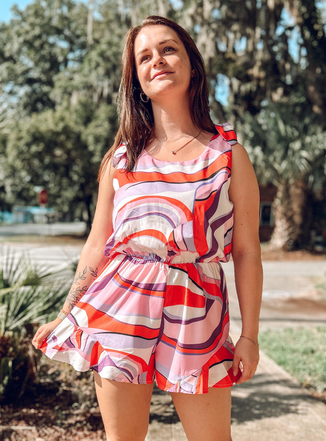 picture 1 of woman wearing Anytime Abstract Romper 