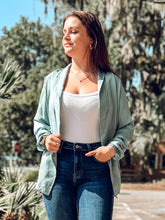 picture 2 of woman wearing Cinched Open Front Blazer with jeans