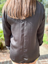back of woman wearing Cinched Open Front Blazer