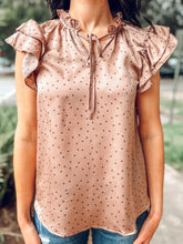 picture 2 of girl wearing Got A Thing Satin Top | Beige 