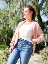picture 1 girl wearing Cinched Open Front Blazer | Mauve 
