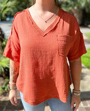 picture two close up of girl wearing Frayed Hem Top | Rust 