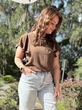 picture 1 of girl wearing Closer Ruffle Top | Brown 