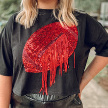 picture 2 close up of girl wearing Fringe Football Top | Black 